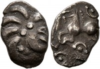 CELTIC, Central Europe. Vindelici. Mid 1st century BC. Quinarius (Silver, 14 mm, 1.24 g), 'B&#252;schelquinar' type. Head devolved into a bush. Rev. H...