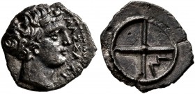 GAUL. Massalia. Circa 410-380 BC. Obol (Silver, 10 mm, 0.55 g). MAΣΣAΛI-[ΩTAN] Bare head of Apollo to right. Rev. Wheel of four spokes; M in one quart...