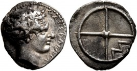 GAUL. Massalia. Circa 410-380 BC. Obol (Silver, 11 mm, 0.76 g). MAΣΣAΛIΩTAN Bare head of Apollo to right. Rev. Wheel of four spokes; M in one quarter....