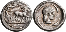 SICILY. Syracuse. Deinomenid Tyranny , 485-466 BC. Tetradrachm (Silver, 25 mm, 17.03 g, 7 h), circa 475-470. Charioteer driving quadriga walking to ri...