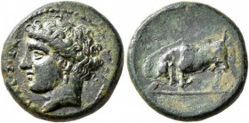 SICILY. Syracuse. Agathokles , 317-289 BC. AE (Bronze, 16 mm, 4.01 g, 6 h). ΣYPAKOΣIΩN Head of Arethusa to left, wearing pendant earring. Rev. Bull bu...