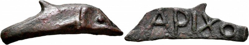 SKYTHIA. Olbia. Cast unit (Bronze, 10x37 mm, 3.68 g, 12 h). Dolphin right. Rev. ...