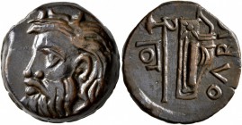 SKYTHIA. Olbia. Circa 310-280 BC. AE (Bronze, 22 mm, 9.83 g, 12 h). Horned head of the river-god Borysthenes to left. Rev. OΛBIO Axe and bow in bowcas...