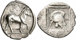 KINGS OF MACEDON. Perdikkas II, 451-413 BC. Tetrobol (Silver, 16 mm, 1.85 g, 3 h). Horse walking right. Rev. Crested helmet right within linear border...