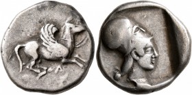 EPEIROS. Ambrakia. Circa 480-456 BC. Stater (Silver, 20 mm, 8.27 g, 3 h). A Pegasos flying right, with curved wing. Rev. Head of Athena to right, her ...