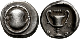 BOEOTIA, Federal Coinage. Circa 395-340 BC. Hemidrachm (Silver, 13 mm, 2.67 g, 10 h). Boeotian shield. Rev. B-OI Kantharos; above, club right; in fiel...
