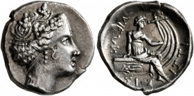 EUBOIA. Histiaia. 3rd-2nd centuries BC. Tetrobol (Silver, 14 mm, 2.43 g, 8 h). Head of the nymph Histiaia to right, wearing wreath of grape leaves and...