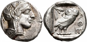 ATTICA. Athens. Circa 440s-430s BC. Tetradrachm (Silver, 25 mm, 17.15 g, 11 h). Head of Athena to right, wearing crested Attic helmet decorated with t...