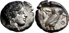 ATTICA. Athens. Circa 440s-430s BC. Tetradrachm (Silver, 24 mm, 16.91 g, 1 h). Head of Athena to right, wearing crested Attic helmet decorated with th...