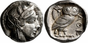 ATTICA. Athens. Circa 430s BC. Tetradrachm (Silver, 23 mm, 17.11 g, 1 h). Head of Athena to right, wearing crested Attic helmet decorated with three o...