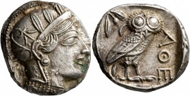 ATTICA. Athens. Circa 430s-420s BC. Tetradrachm (Silver, 25 mm, 17.20 g, 4 h). Head of Athena to right, wearing crested Attic helmet decorated with th...