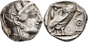 ATTICA. Athens. Circa 430s-420s BC. Tetradrachm (Silver, 23 mm, 17.03 g, 9 h). Head of Athena to right, wearing crested Attic helmet decorated with th...