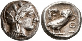 ATTICA. Athens. Circa 430s-420s BC. Drachm (Silver, 14 mm, 4.18 g, 10 h). Head of Athena to right, wearing crested Attic helmet decorated with three o...