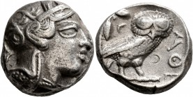 ATTICA. Athens. Circa 420s BC. Tetradrachm (Silver, 22 mm, 16.86 g, 9 h). Head of Athena to right, wearing crested Attic helmet decorated with three o...