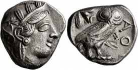 ATTICA. Athens. Circa 420s BC. Tetradrachm (Silver, 23 mm, 14.69 g, 9 h). Head of Athena to right, wearing crested Attic helmet decorated with three o...