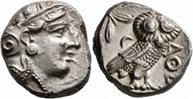 ATTICA. Athens. Circa 393-355 BC. Tetradrachm (Silver, 23 mm, 17.15 g, 9 h). Head of Athena to right, wrearing crested Attic helmet decorated with thr...