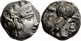 ATTICA. Athens. Circa 393-355 BC. Tetradrachm (Silver, 20 mm, 15.70 g, 9 h). Head of Athena to right, wrearing crested Attic helmet decorated with thr...