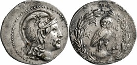 ATTICA. Athens. Circa 165-42 BC. Tetradrachm (Silver, 34 mm, 16.68 g, 1 h), circa 165-150/49. Head of Athena Parthenos to right, wearing triple-creste...