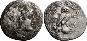 ATTICA. Athens. Circa 165-42 BC. Tetradrachm (Silver, 32 mm, 16.47 g, 12 h), circa 165-150/49. Head of Athena Parthenos to right, wearing triple-crest...