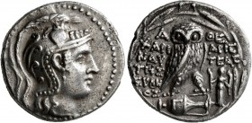 ATTICA. Athens. Circa 165-42 BC. Tetradrachm (Silver, 29 mm, 16.75 g, 1 h), Charinautes, Aristeas, and Eudemos, magistrates, 144/3. Head of Athena Par...