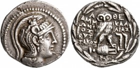ATTICA. Athens. Circa 165-42 BC. Tetradrachm (Silver, 30 mm, 16.79 g, 12 h), Ammonios, Kallias and Byttakos, magistrates, circa 118/7. Head of Athena ...