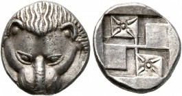 CIMMERIAN BOSPOROS. Pantikapaion. Circa 450-438/7 BC. Diobol (Silver, 13 mm, 1.73 g). Facing head of a lion. Rev. Quadripartite incuse square with win...