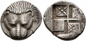 CIMMERIAN BOSPOROS. Pantikapaion. Circa 450-438/7 BC. Diobol (Silver, 13 mm, 1.80 g). Facing head of a lion. Rev. Quadripartite incuse square with win...