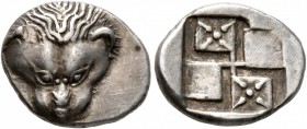 CIMMERIAN BOSPOROS. Pantikapaion. Circa 450-438/7 BC. Diobol (Silver, 13 mm, 1.83 g). Facing head of a lion. Rev. Quadripartite incuse square with win...