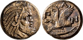 CIMMERIAN BOSPOROS. Pantikapaion. Circa 310-304/3 BC. AE (Bronze, 20 mm, 8.12 g, 12 h). Bearded head of Satyr to right. Rev. Π-A-N Forepart of griffin...