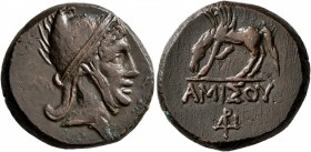 PONTOS. Amisos. Time of Mithradates VI Eupator , circa 85-65 BC. AE (Bronze, 23 mm, 13.20 g, 1 h). Head of Perseus to right, wearing Phrygian helmet d...