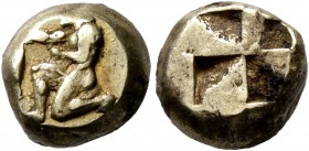 MYSIA. Kyzikos. Circa 500-450 BC. Hekte (Electrum, 8 mm, 2.76 g). Nude youth kneeling left, holding tunny by its tail. Rev. Quadripartite incuse squar...