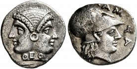 MYSIA. Lampsakos. 4th-3rd century BC. Diobol (Silver, 12 mm, 1.28 g, 8 h). Janiform female head; on neck, ΘEO. Rev. ΛAMΨA Head of Athena to right, wea...