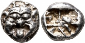 MYSIA. Parion. 5th century BC. Drachm (Silver, 12 mm, 3.97 g). Facing gorgoneion with large ears and protruding tongue. Rev. Irregular pattern within ...