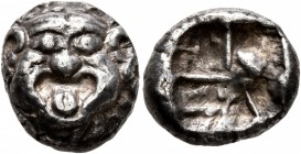 MYSIA. Parion. 5th century BC. Drachm (Silver, 13 mm, 3.91 g). Facing gorgoneion with large ears and protruding tongue. Rev. Irregular pattern within ...