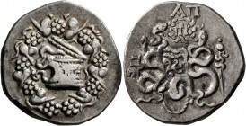MYSIA. Pergamon. Circa 166-67 BC. Cistophorus (Silver, 25 mm, 12.49 g, 1 h), circa 76. Cista mystica from which snake coils; around, ivy wreath with f...
