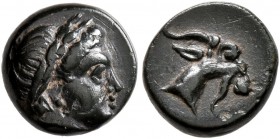 AEOLIS. Aigai. 4th-3rd centuries BC. Chalkous (Bronze, 9 mm, 1.04 g, 11 h). Laureate head of Apollo to right. Rev. Head of a goat to right. SNG Copenh...