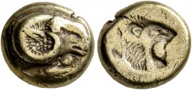 LESBOS. Mytilene. Circa 521-478 BC. Hekte (Electrum, 10 mm, 2.39 g, 12 h). Head of a ram to right; below, rooster standing left. Rev. Incuse head of a...