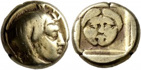 LESBOS. Mytilene. Circa 454-428/7 BC. Hekte (Electrum, 10 mm, 2.52 g, 9 h). Head of Aktaion to right, wearing horn of stag. Rev. Facing gorgoneion wit...