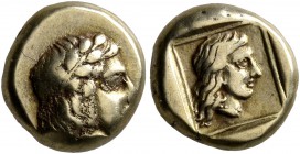 LESBOS. Mytilene. Circa 377-326 BC. Hekte (Electrum, 10 mm, 2.53 g, 8 h). Laureate head of Apollo to right. Rev. Female head with long hair to right w...