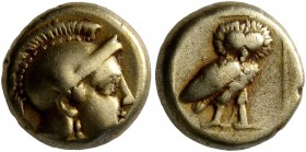 LESBOS. Mytilene. Circa 377-326 BC. Hekte (Electrum, 10 mm, 2.55 g, 12 h). Head of Athena to right, wearing crested Attic helmet. Rev. Owl standing ri...
