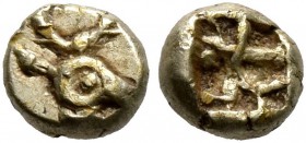 IONIA. Ephesos. Phanes , circa 625-600 BC. 1/48 Stater (Electrum, 5 mm, 0.28 g). Head of a stag to right. Rev. Incuse square punch with raised lines w...