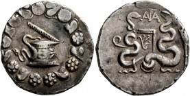 IONIA. Ephesos (?). L. Sempronius Atratinus (?), quaestor , circa 42-39 BC. Cistophorus (Silver, 24 mm, 12.74 g, 1 h). Cista mystica from which snake ...