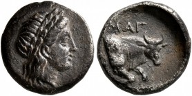 IONIA. Magnesia ad Maeandrum. Circa 400-350 BC. Hemidrachm (Silver, 12 mm, 1.61 g, 12 h). Laureate head of Apollo to right. Rev. MAΓ Forepart of bull ...