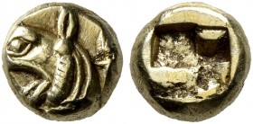 IONIA. Phokaia. Circa 625/0-522 BC. Myshemihekte – 1/24 Stater (Electrum, 6 mm, 0.60 g). Head of a griffin to left; behind, small seal. Rev. Quadripar...
