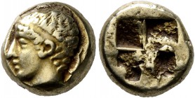 IONIA. Phokaia. Circa 478-387 BC. Hekte (Electrum, 10 mm, 2.55 g). Head of youthful male to left, wearing tainia; to right, seal downward. Rev. Quadri...