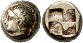 IONIA. Phokaia. Circa 478-387 BC. Hekte (Electrum, 9 mm, 2.54 g). Head of Athena to left, wearing crested Attic helmet decorated with griffin; below, ...