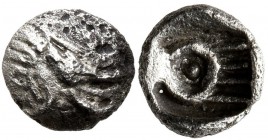 IONIA. Uncertain. 5th century BC. Tetartemorion (Silver, 6 mm, 0.18 g, 1 h). Uncertain design. Rev. Uncertain symbol (monogram of ΘE?) within rectangu...