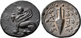 ISLANDS OFF IONIA, Chios. Circa 133-88 BC. Drachm (Silver, 20 mm, 3.51 g, 12 h), Metas, magistrate. Sphinx with curved wings seated to left; before to...