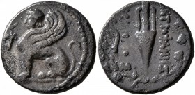 ISLANDS OFF IONIA, Chios. Circa 133-88 BC. Drachm (Silver, 16 mm, 3.81 g, 1 h), Metrophanes, magistrate. Sphinx with curved wings seated to left; befo...