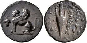 ISLANDS OFF IONIA, Chios. Circa 133-88 BC. Drachm (Silver, 19 mm, 3.69 g, 12 h). Sphinx with curved wings seated to left; before to left, bunch of gra...